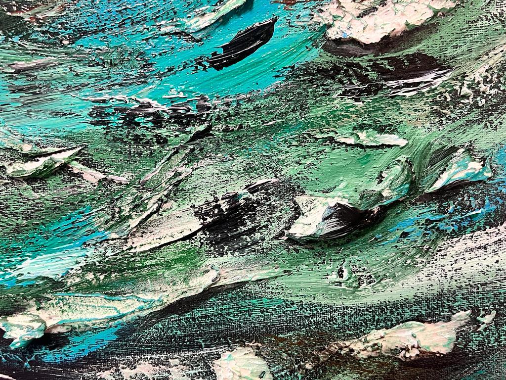 Pittura astratta Modern British di grandi dimensioni - Verde e bianco su nero in vendita 1