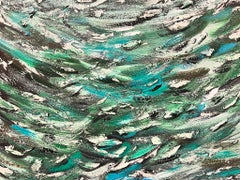 Large Modern British Abstract Painting - Thick Green and White On Black