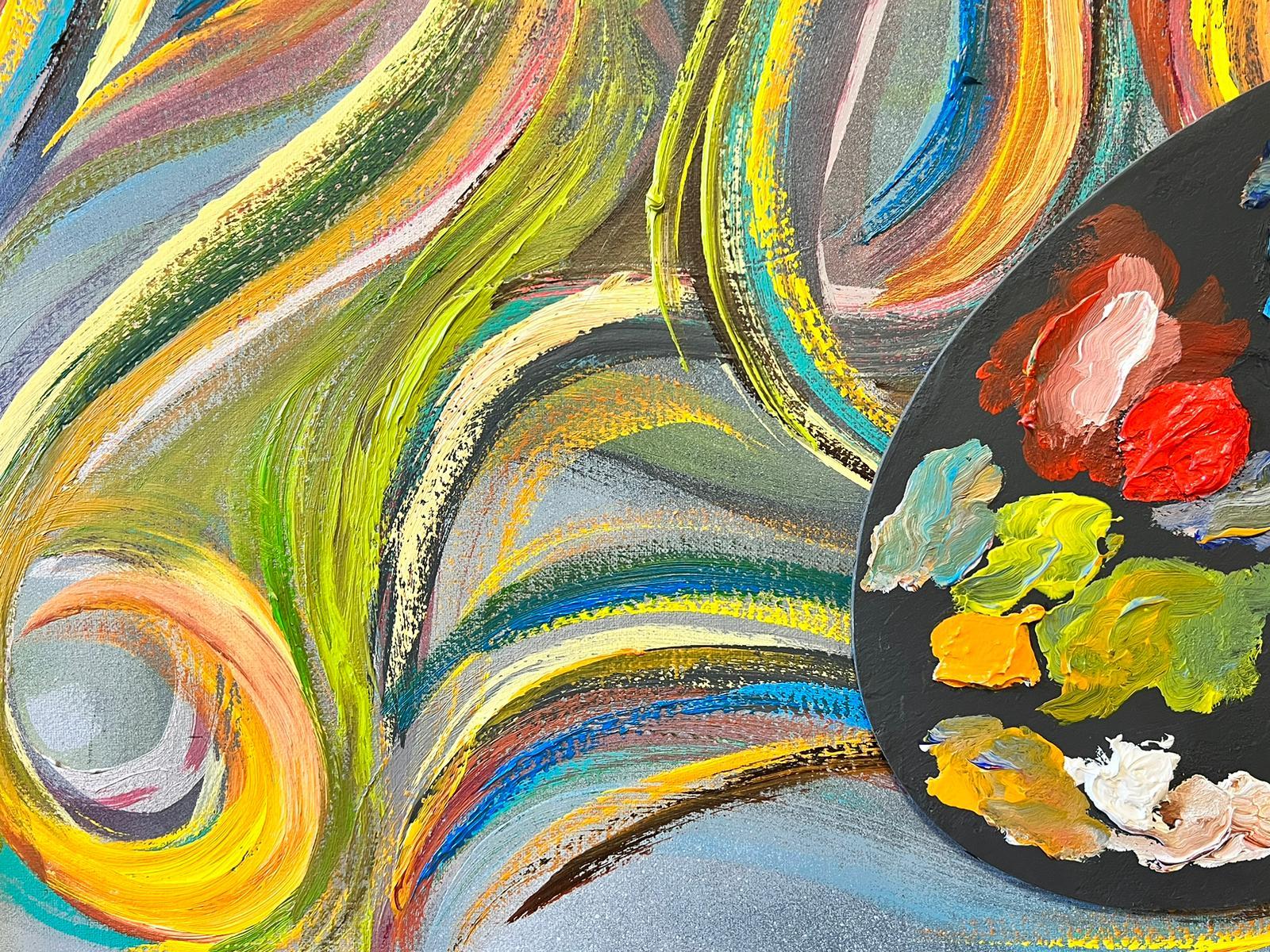 Modern British Abstract Painting Twirls Swirls Artists Palette Colors Huge Size 4