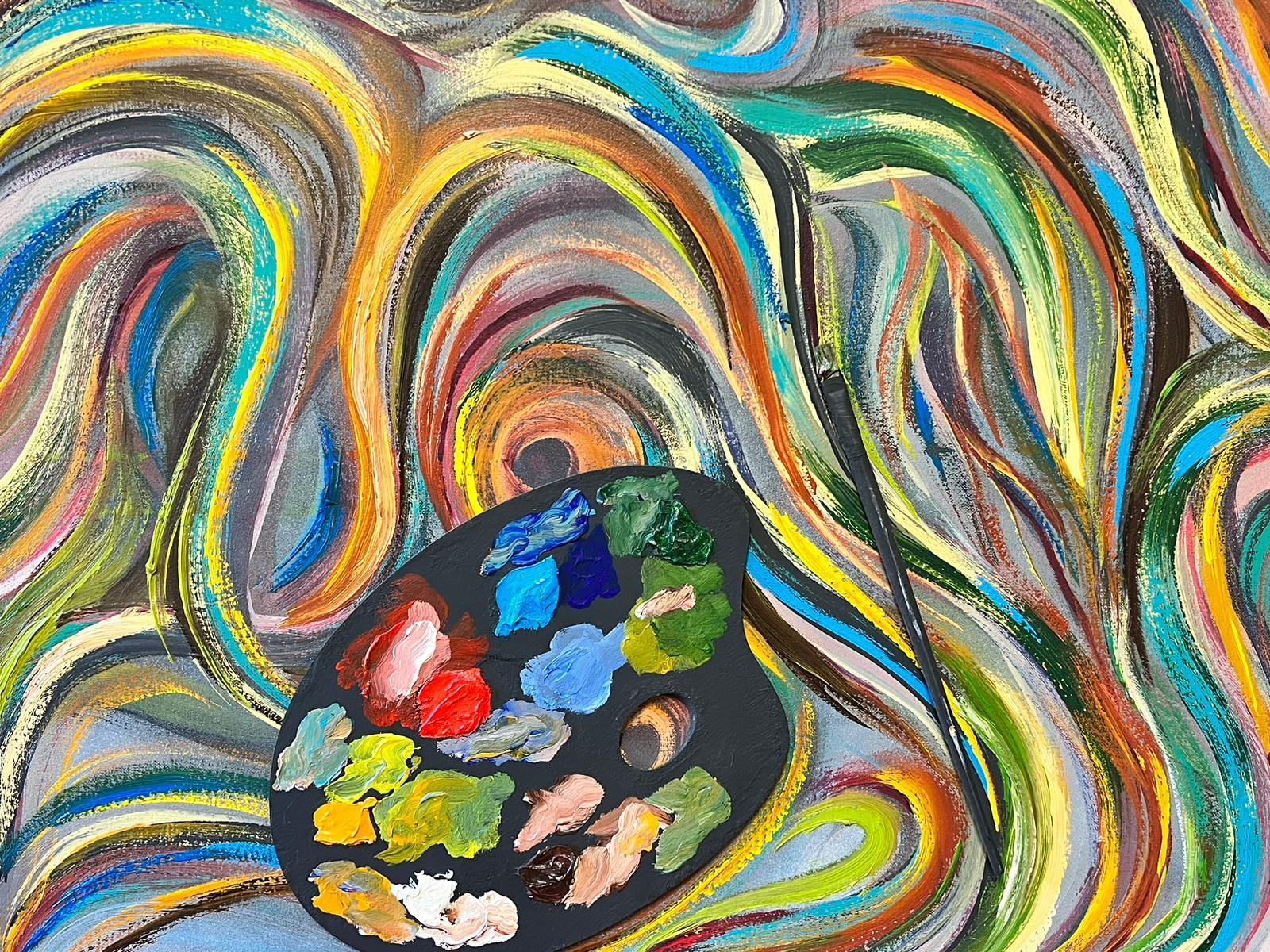 Modern British Abstract Painting Twirls Swirls Artists Palette Colors Huge Size 6