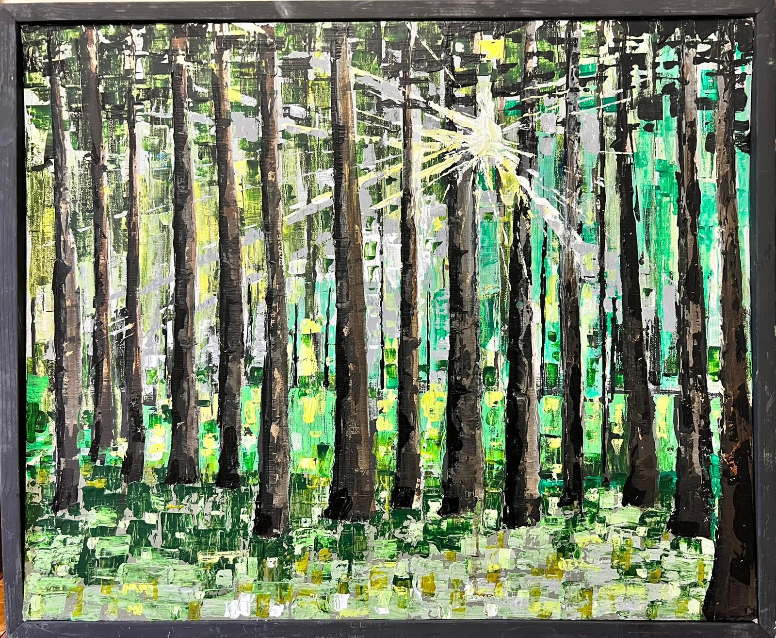 Modern British Contemporary Painting Sunlight Bursting Through Trees Woodland - Black Landscape Painting by Contemporary British 