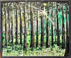 Modern British Contemporary Painting Sunlight Bursting Through Trees Woodland