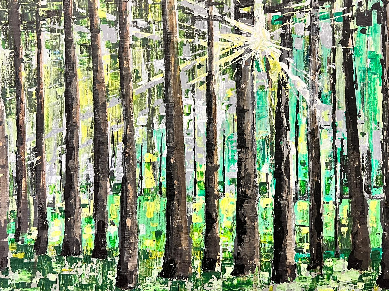 Modern British Contemporary Painting Sunlight Bursting Through Trees Woodland For Sale 1