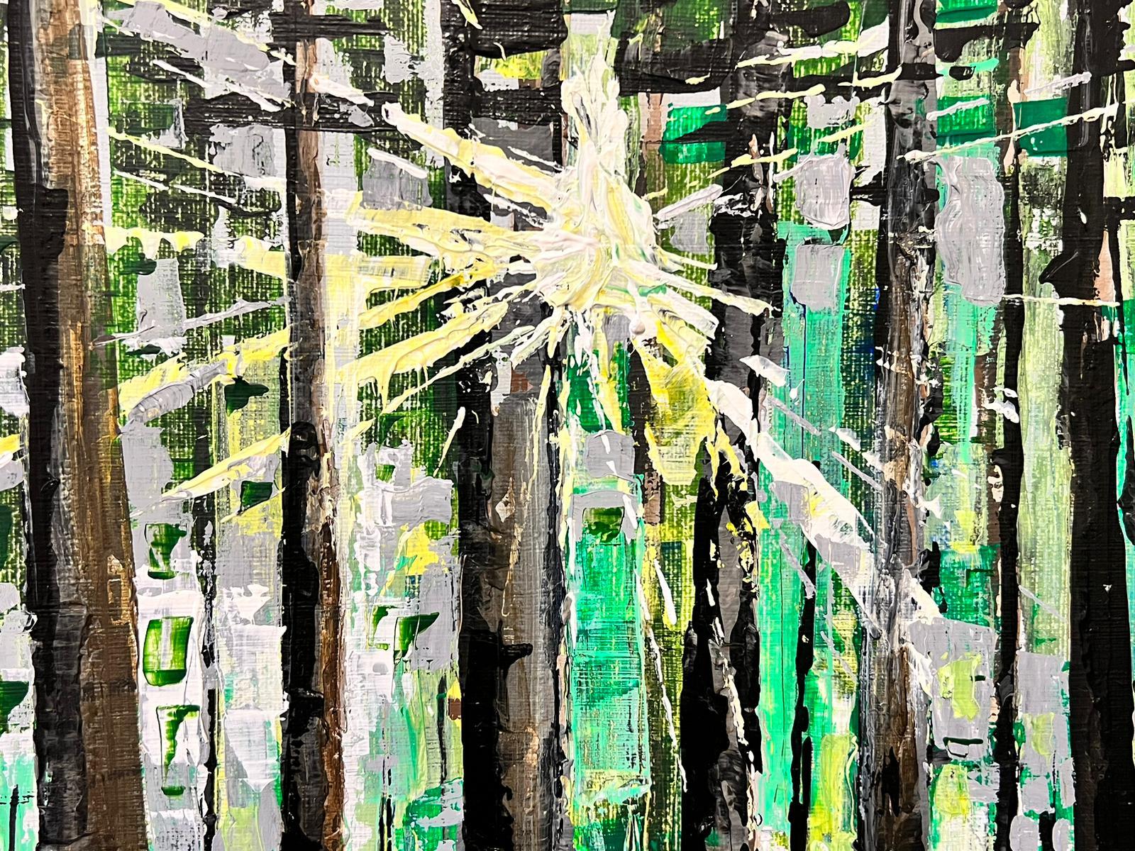 Modern British Contemporary Painting Sunlight Bursting Through Trees Woodland For Sale 1