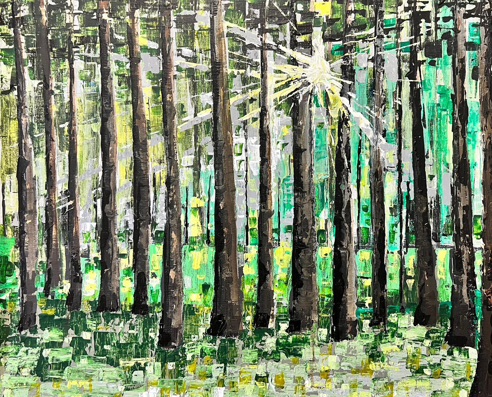 Contemporary British  Landscape Painting - Modern British Contemporary Painting Sunlight Bursting Through Trees Woodland