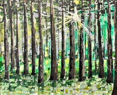 Modern British Contemporary Painting Sunlight Bursting Through Trees Woodland (Peinture contemporaine moderne avec lumière du soleil éclatant à travers les arbres)