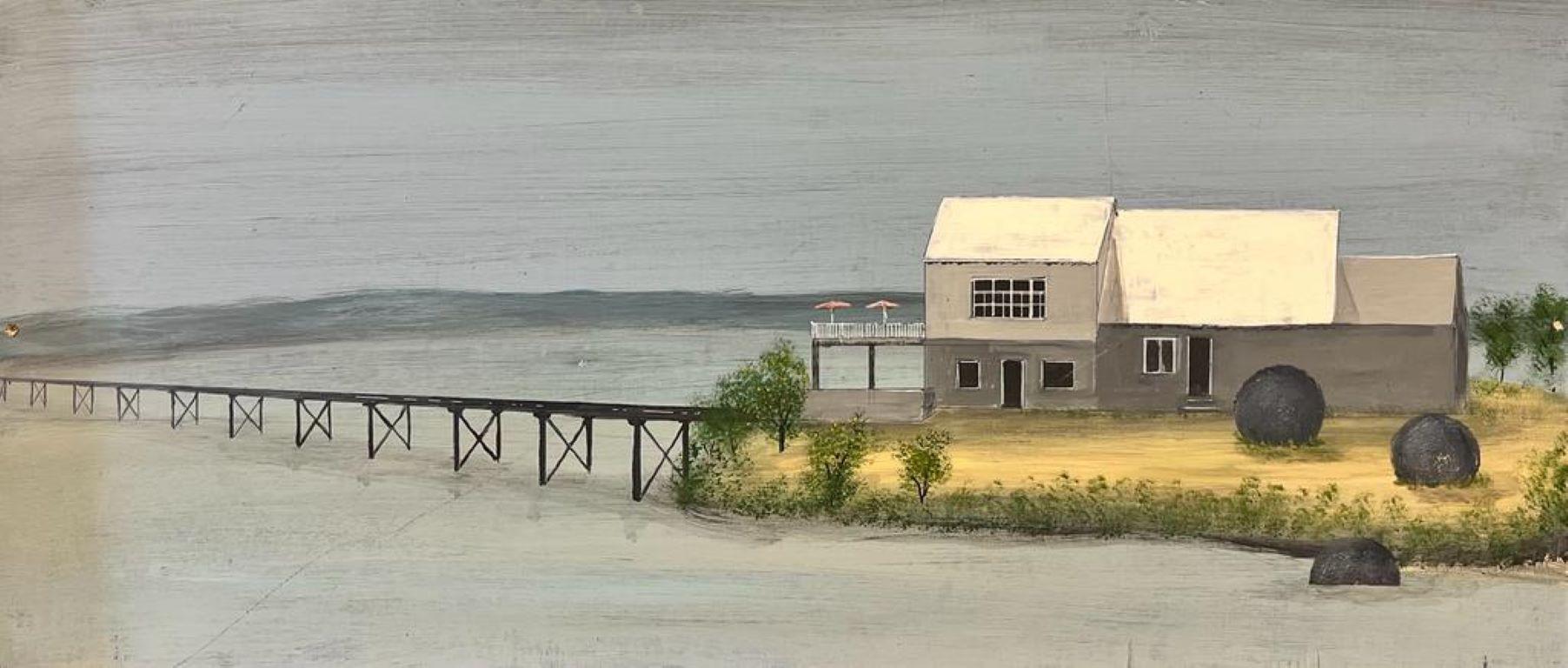 Landscape Painting Contemporary British  - Peinture britannique moderne d'une maison de plage longue au bord de la mer 