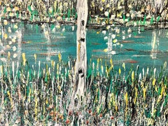 Modern British Symbolist Oil Painting Trees Dappled Light in Woodland