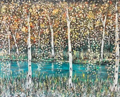 Modern British Symbolist Oil Painting Trees Dappled Light in Woodland