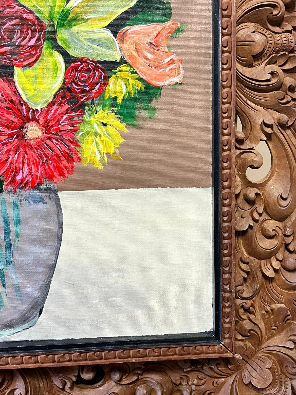 Modernist Still Life Flowers in Vase Oil Painting in Beautiful Florentine Frame For Sale 2