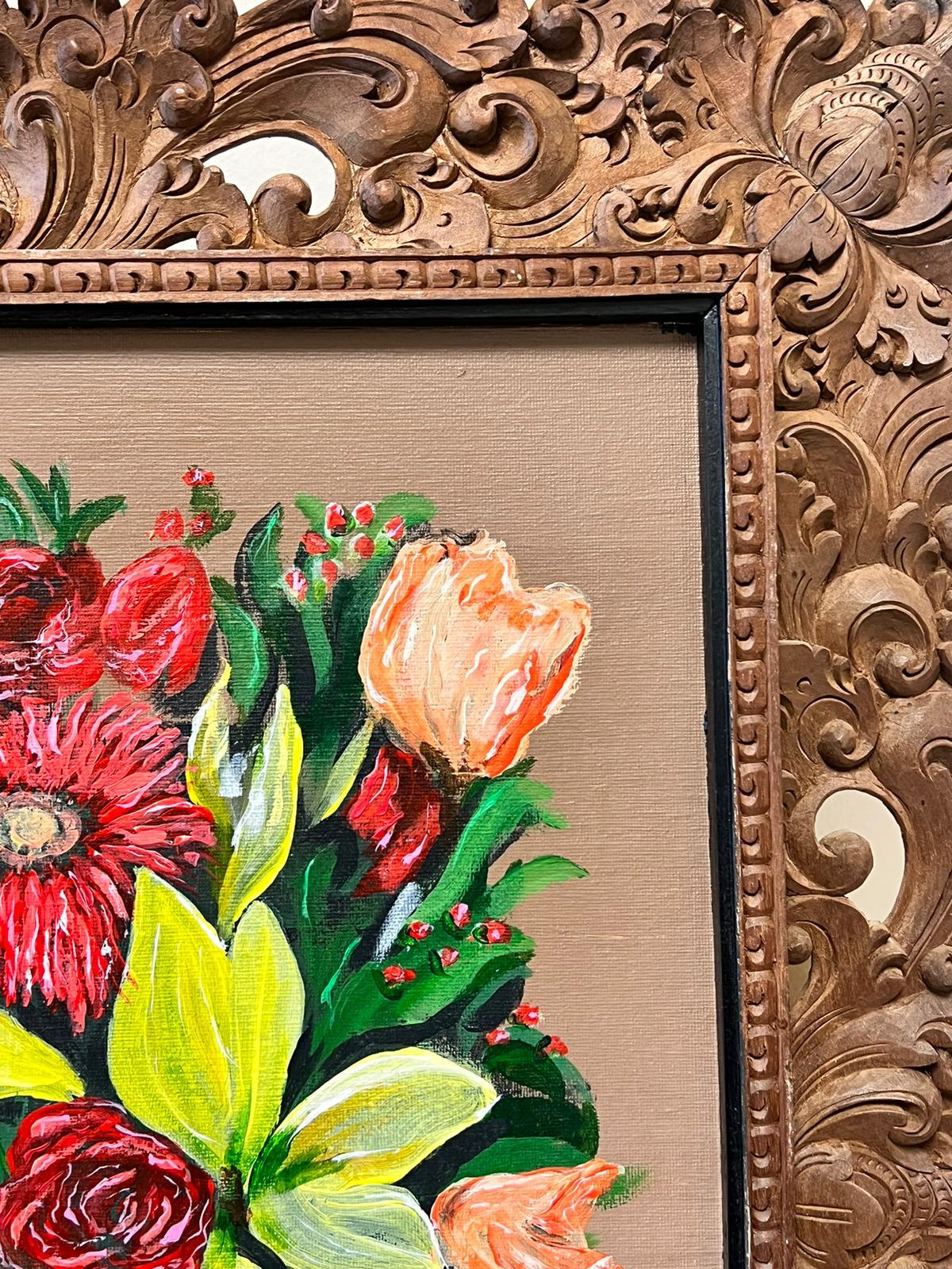 Modernist Still Life Flowers in Vase Oil Painting in Beautiful Florentine Frame For Sale 3