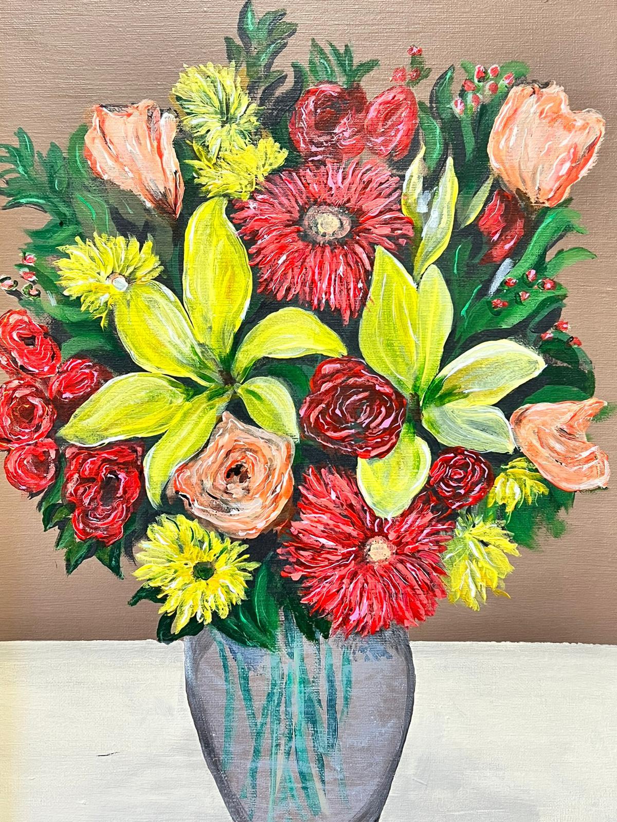 Modernist Still Life Flowers in Vase Oil Painting in Beautiful Florentine Frame For Sale 4