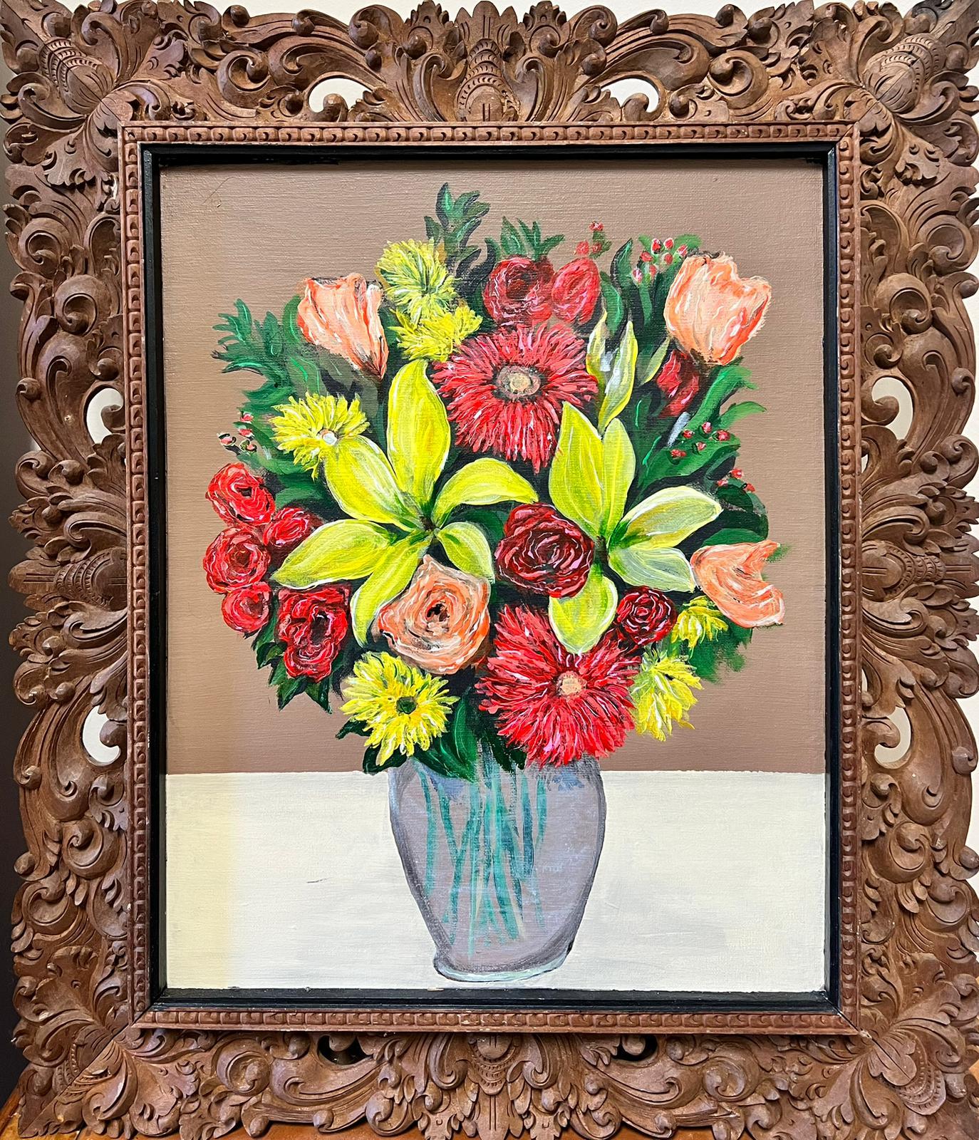 Contemporary British  Interior Painting - Modernist Still Life Flowers in Vase Oil Painting in Beautiful Florentine Frame