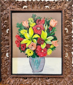 Modernist Still Life Flowers in Vase Oil Painting in Beautiful Florentine Frame