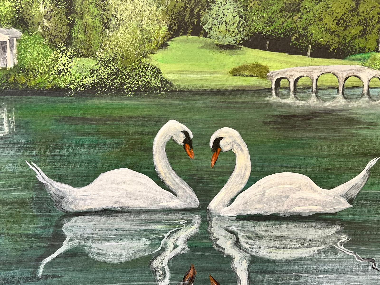 Pareja de cisnes Casa señorial Casa de campo Lago Pintura al óleo británica grande - Painting de Contemporary British 