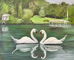 Paire de Swans Stately Home Country House Lake Grande peinture à l'huile britannique