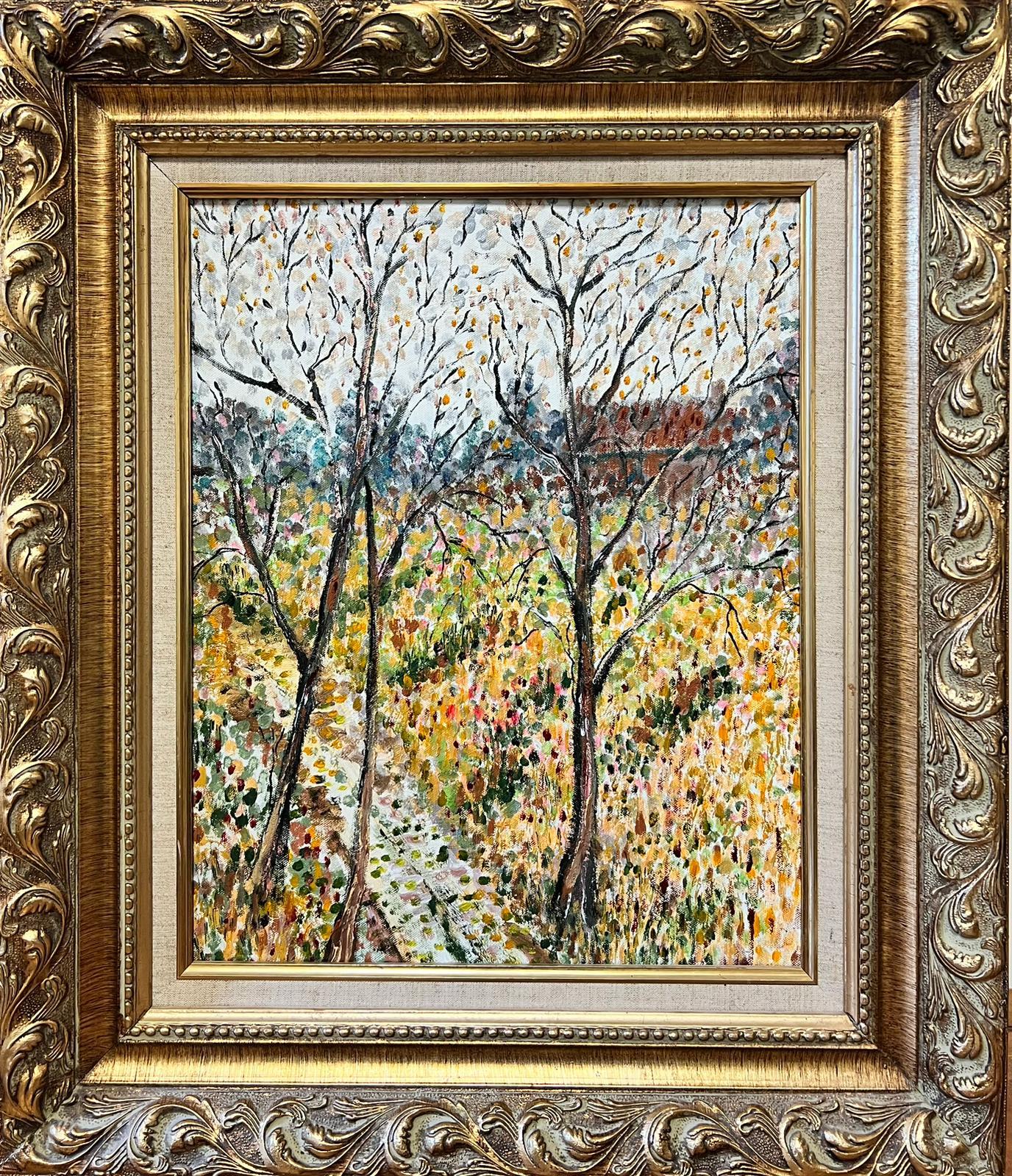 Grande peinture pointilliste post-impressionniste - Paysage boisé - arbres d'automne - Painting de Contemporary British 