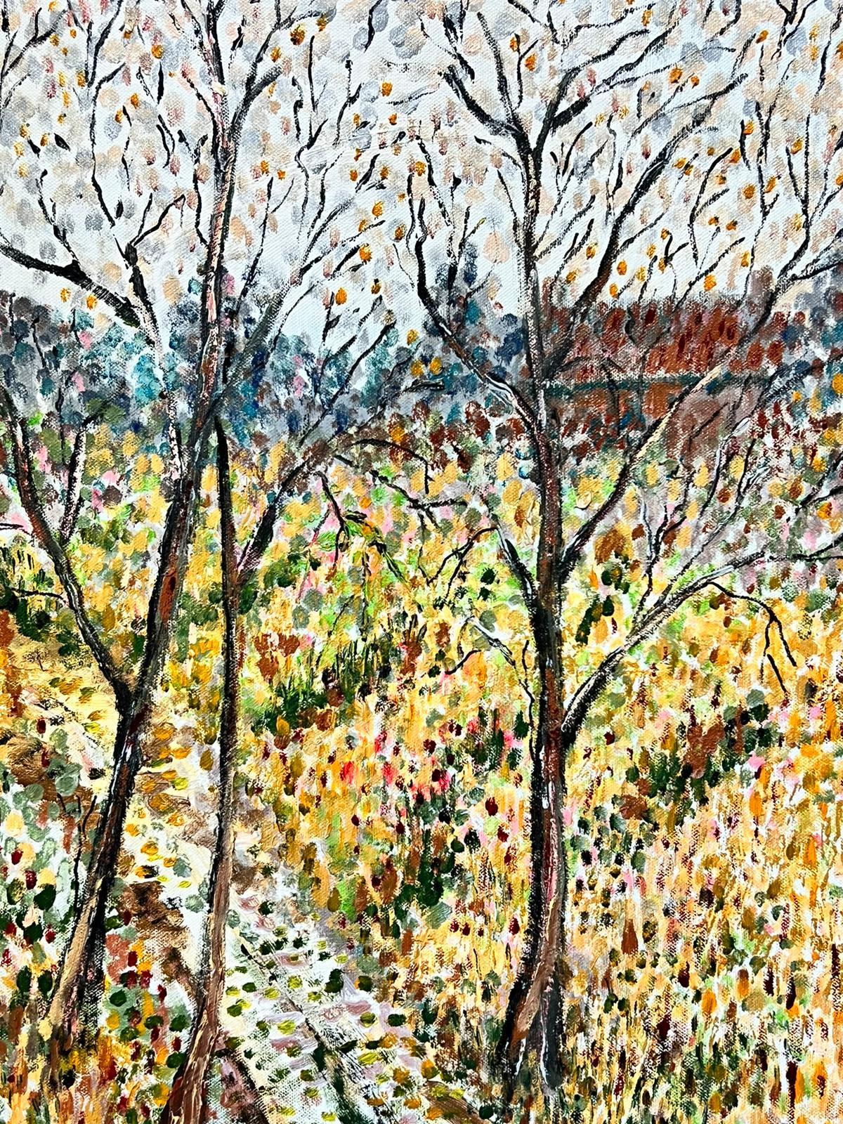 Pointillist Post Impressionist Woodland Landscape Autumn Trees Large Painting For Sale 3