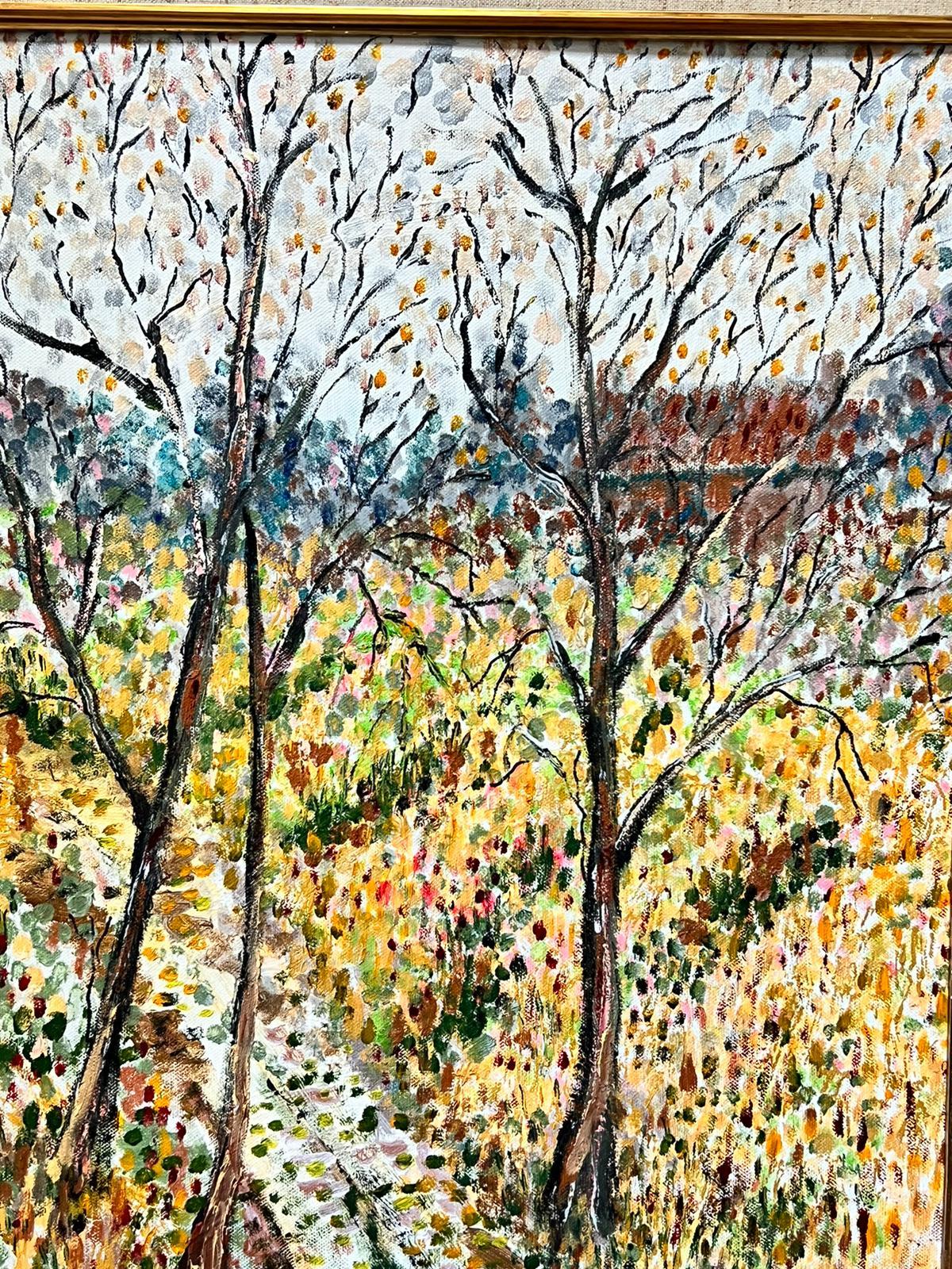 Grande peinture pointilliste post-impressionniste - Paysage boisé - arbres d'automne - Pointillisme Painting par Contemporary British 