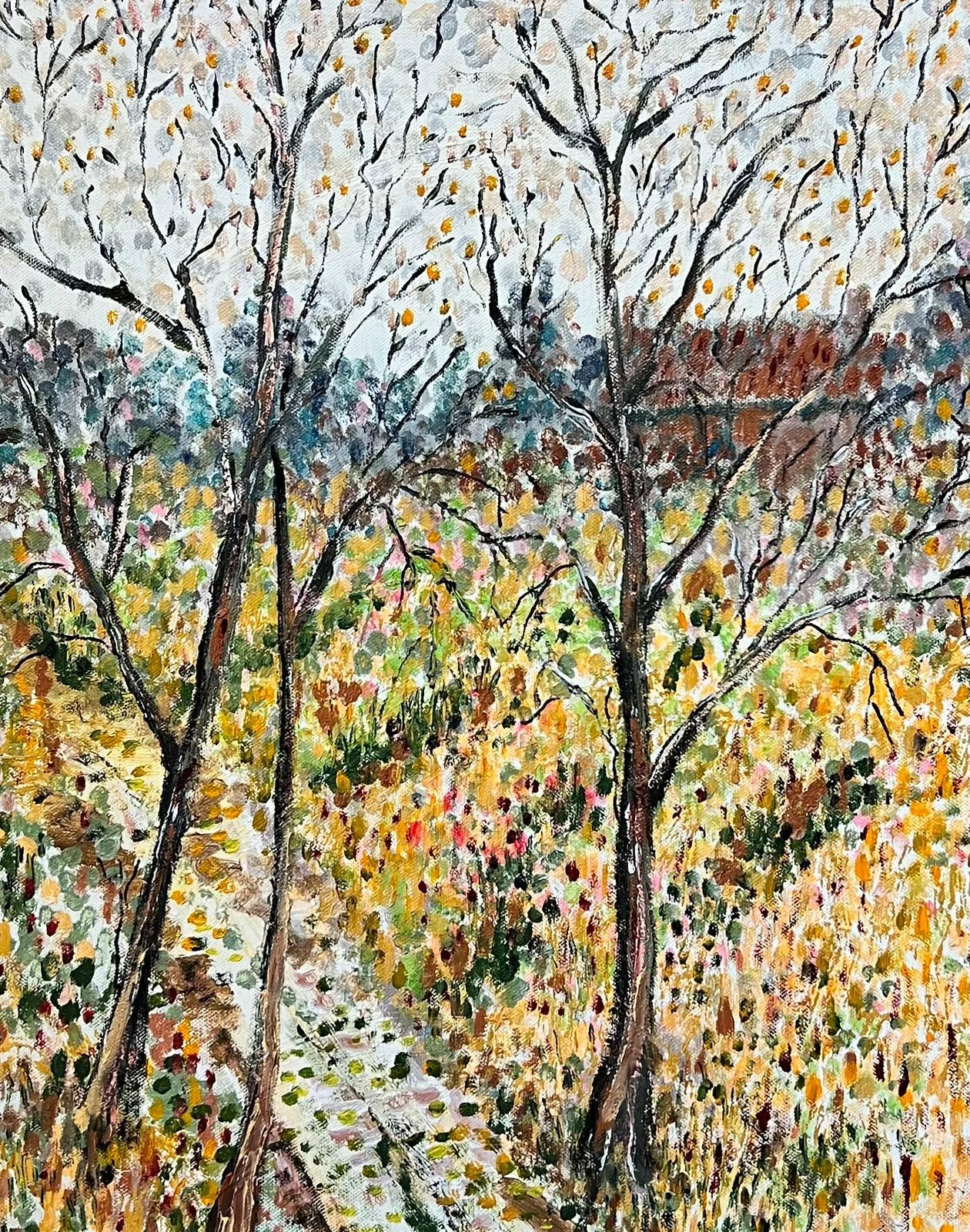 Pointillistisches postimpressionistisches Holzlandschaftsgemälde mit Herbstbäumen, Groß