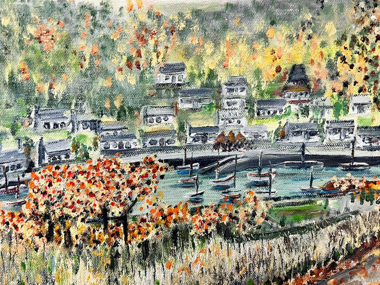 Paysage fluvial de style pointilliste avec arbres et vue éloignée de la ville - Abstrait Painting par Contemporary British 