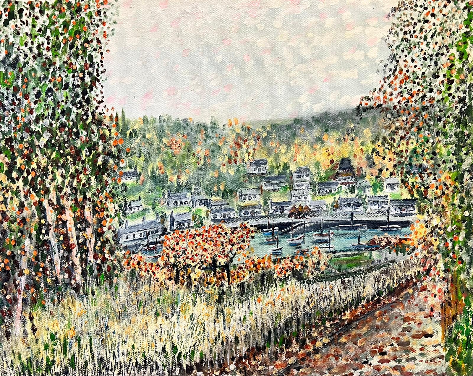 Landscape Painting Contemporary British  - Paysage fluvial de style pointilliste avec arbres et vue éloignée de la ville