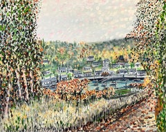 Pointillistische Flusslandschaft im Stil von Pointillist mit Bäumen und weitem Blick auf die Stadt