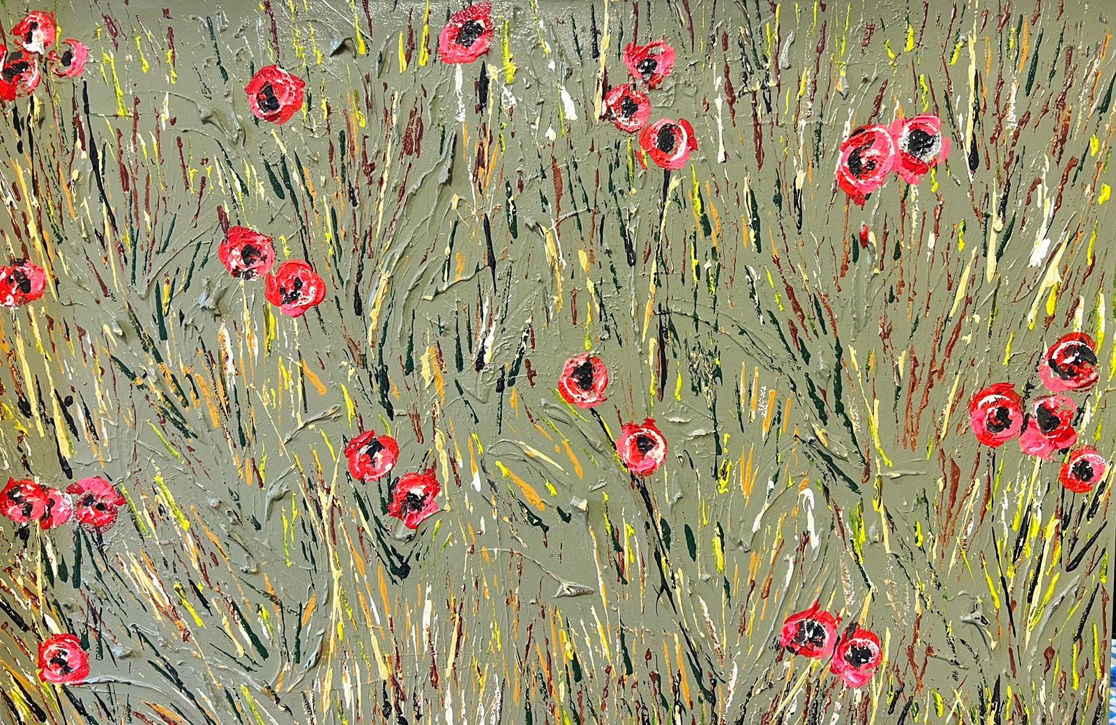 Poppies
Contemporary British artist, 21st century
oil on canvas , unframed
size: 24 x 36 inches
This came from a private collection of artworks, Surrey, England 
The painting is in overall very good and sound condition
 