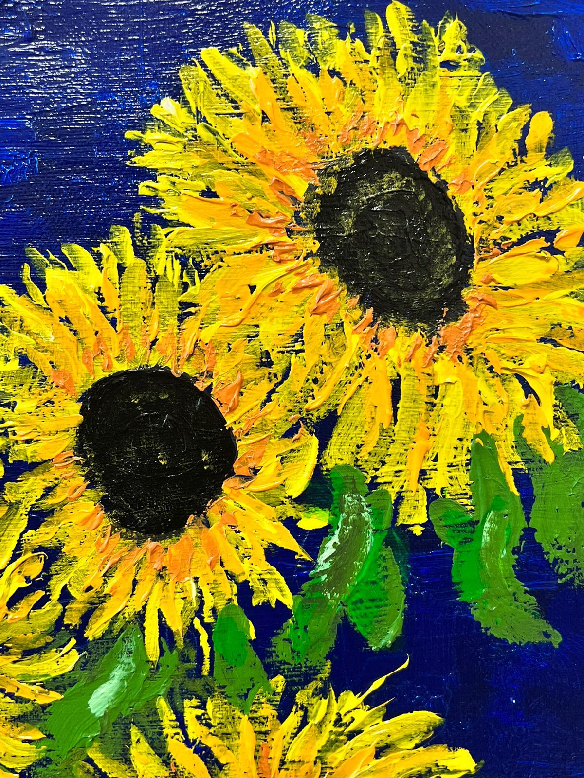 Sunflowers in Vase Blue Background Colourful Modern British Oil Painting For Sale 1