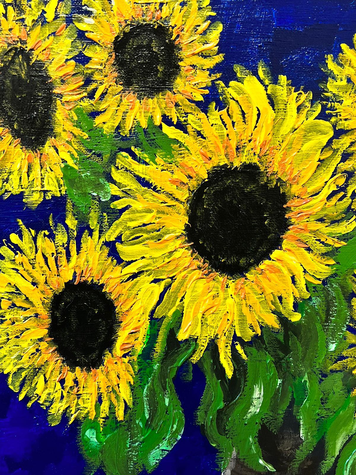Sunflowers in Vase Blue Background Colourful Modern British Oil Painting For Sale 2