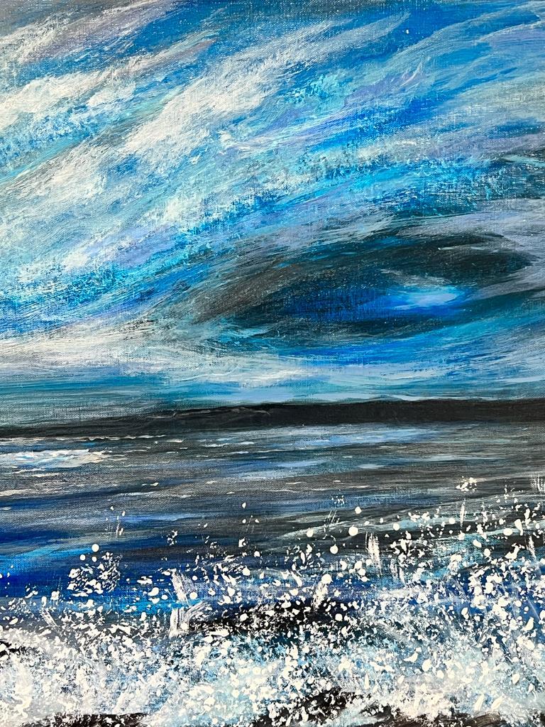 Swirling Clouds Foaming Seas Colourful Modern British Bright Blue Sea Abstract - Painting by Contemporary British 