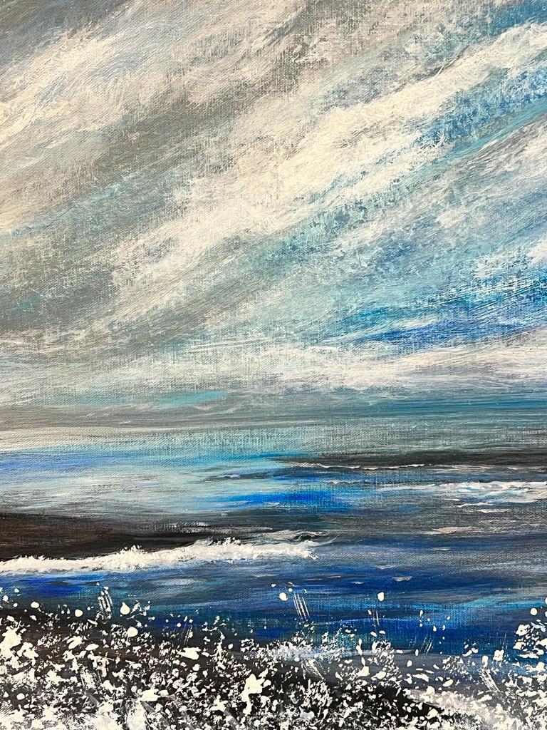 Swirling Clouds Foaming Seas Colourful Modern British Bright Blue Sea Abstract For Sale 1