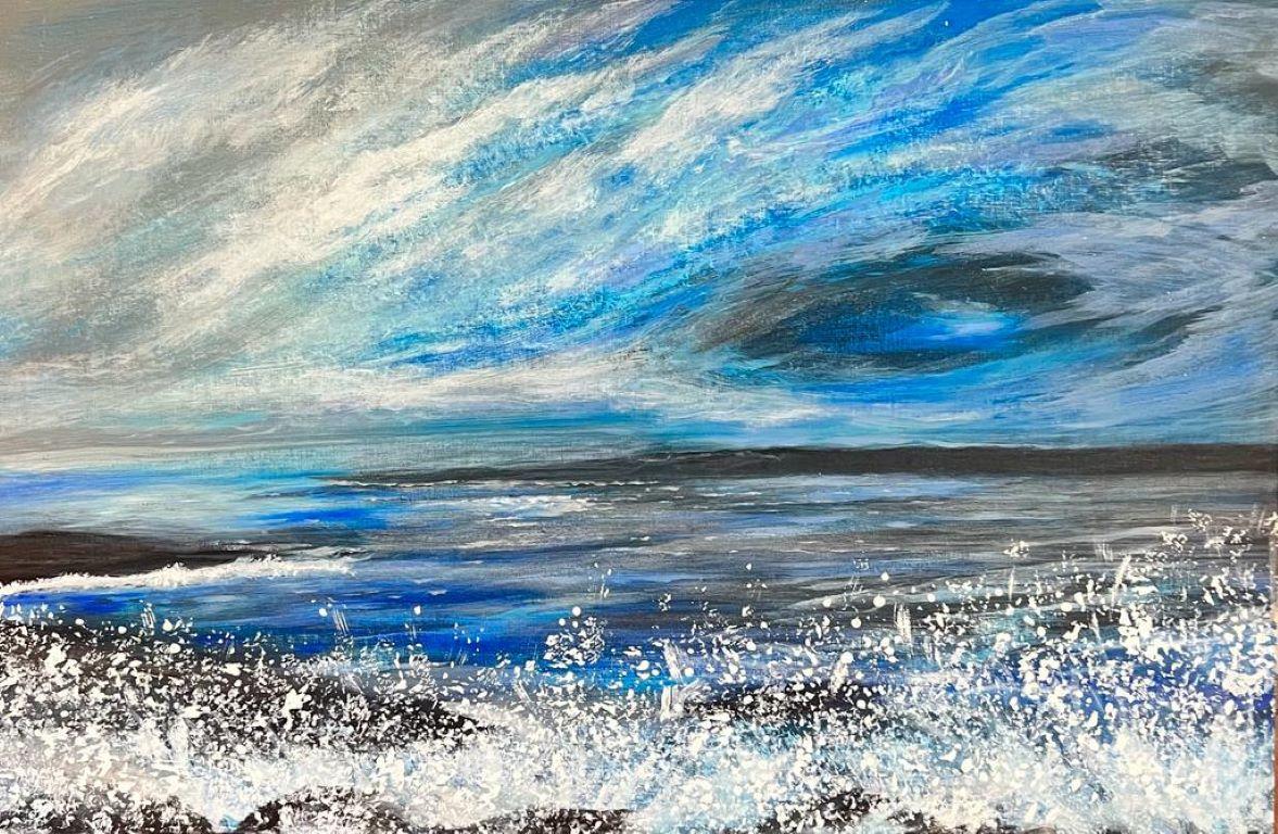 Contemporary British  Landscape Painting - Swirling Clouds Foaming Seas Colourful Modern British Bright Blue Sea Abstract