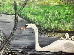 Symbolist Modern British Painting River Landscape with Swan on Water under Trees