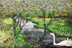 Symbolistisches modernes britisches Gemälde, Flusslandschaft mit Schwan auf Wasser unter Bäumen