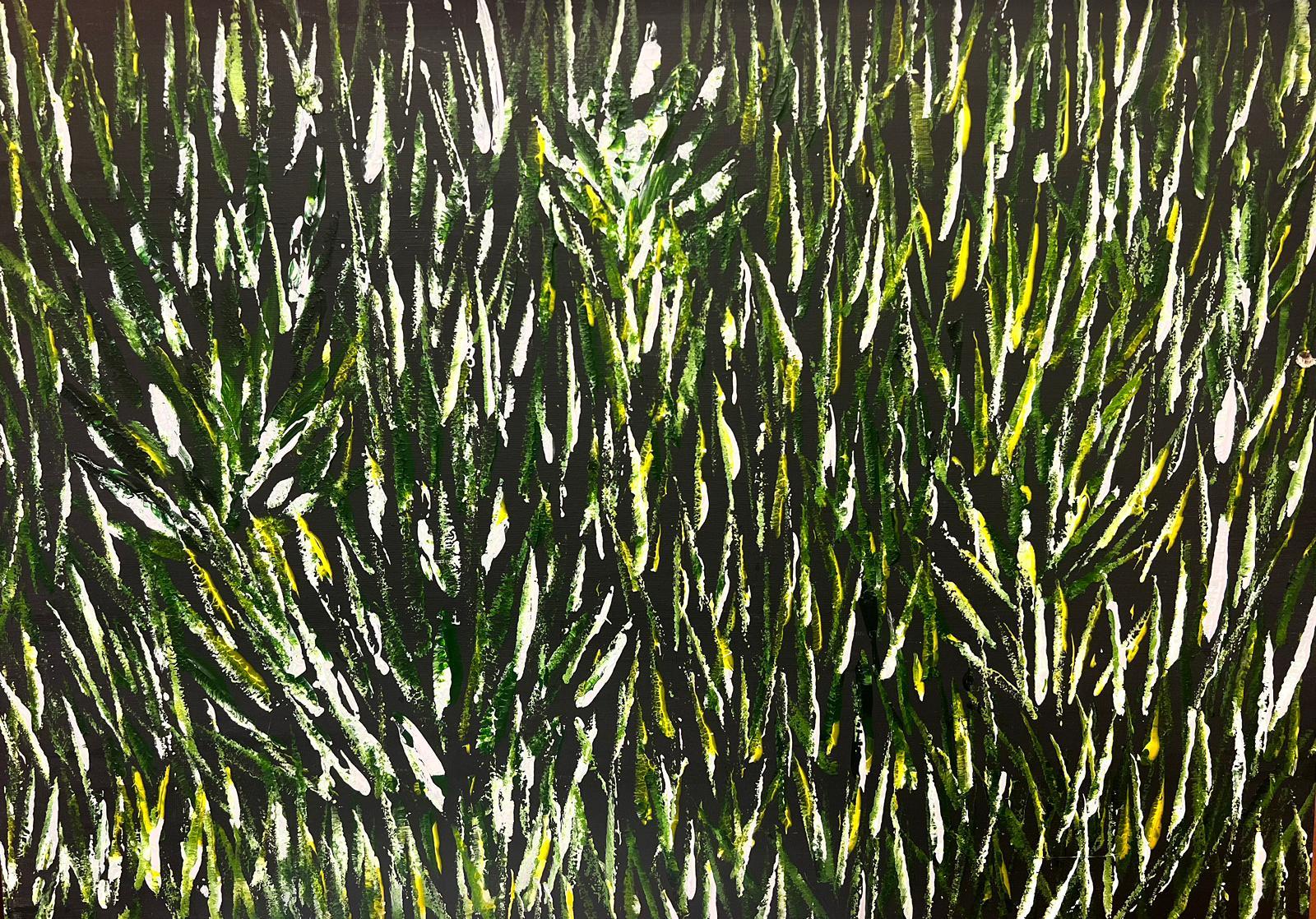 Contemporary British  Landscape Painting - Very Thick Modern British Painting Green and White Yellow Long Wavy Grass
