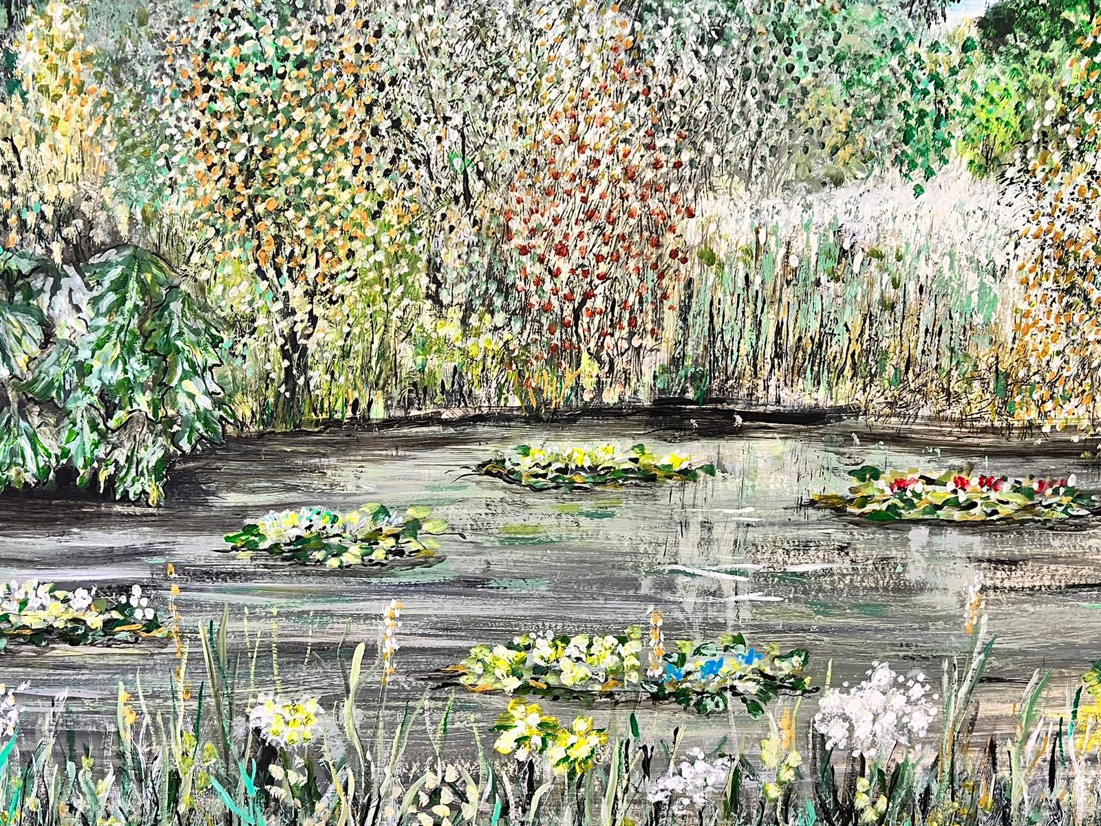 Contemporary British  Landscape Painting - Waterlily Pond Large Post Impressionist Oil Painting