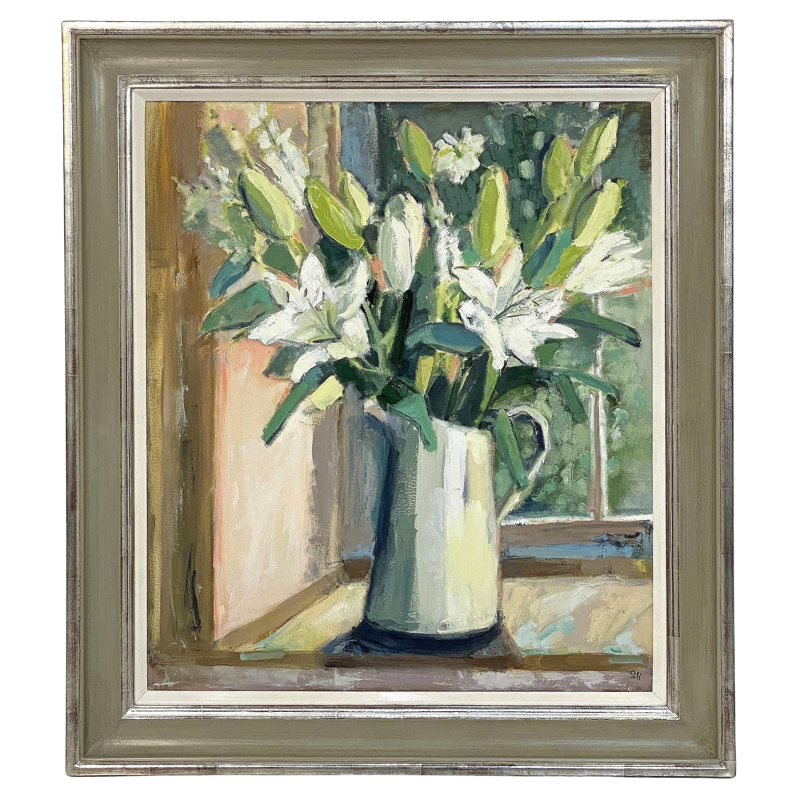 Contemporary British Framed Oil Painting on Canvas (Lilies in a Jug) For Sale