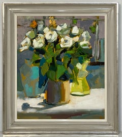Pittura a olio su tela contemporanea britannica con cornice (Rose bianche in vaso di senape)