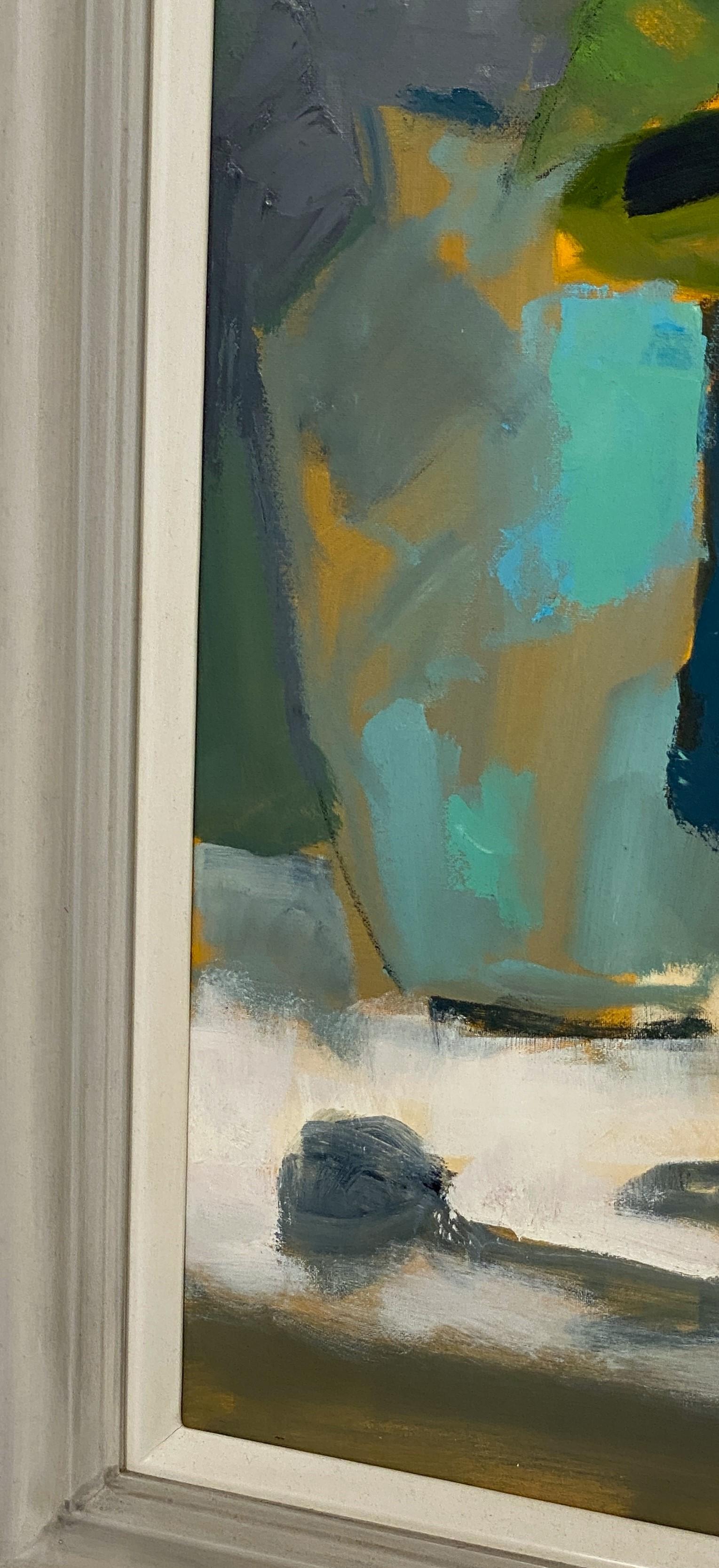 Pintura al óleo sobre lienzo enmarcada británica contemporánea (Rosas blancas en maceta mostaza) Lienzo en venta