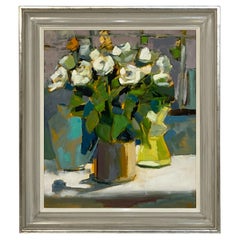 Pittura a olio su tela contemporanea britannica con cornice (Rose bianche in vaso di senape)
