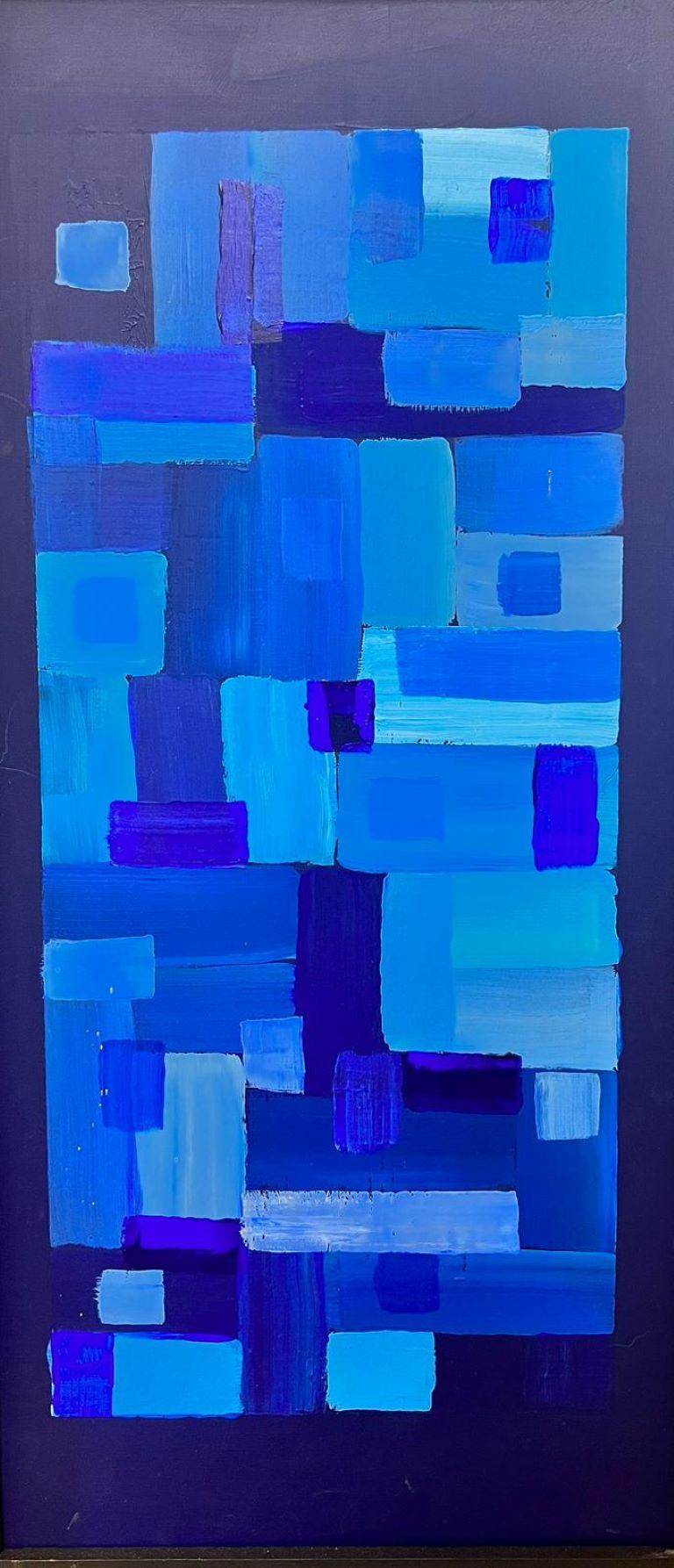 Abstract Painting Contemporary British - Peinture britannique cubiste géométrique abstraite aux formes abstraites et aux abat-jour bleus