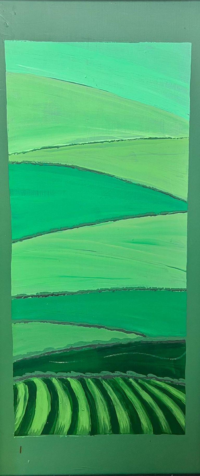 Abstract Painting Contemporary British - Peinture britannique cubiste géométrique abstraite formes abstraites verts