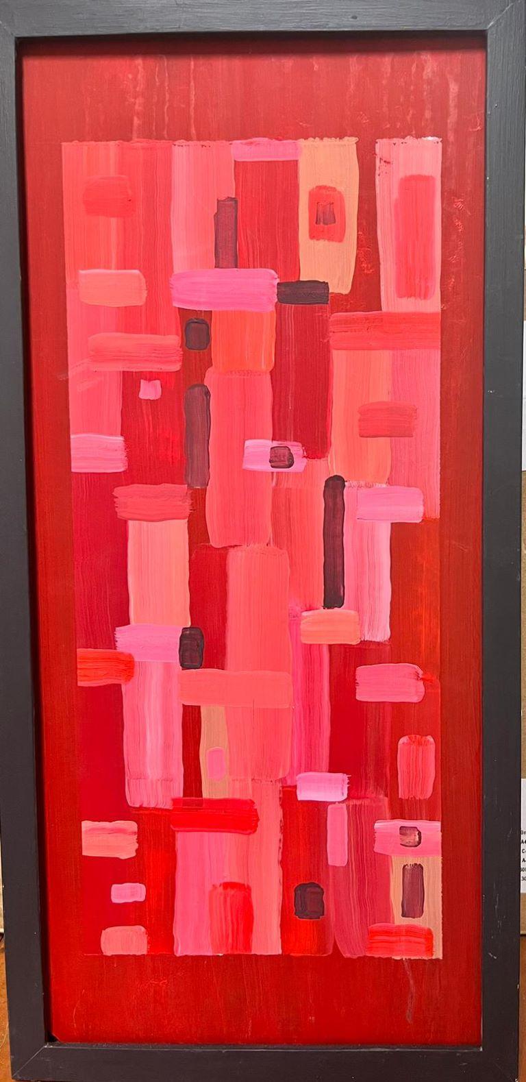 Peinture britannique cubiste géométrique abstraite de formes abstraites roses et rouges - Painting de Contemporary British