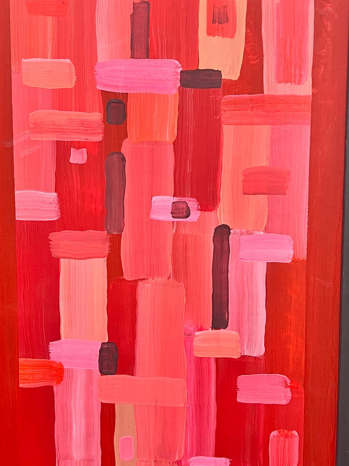 Peinture britannique cubiste géométrique abstraite de formes abstraites roses et rouges - Géométrique abstrait Painting par Contemporary British