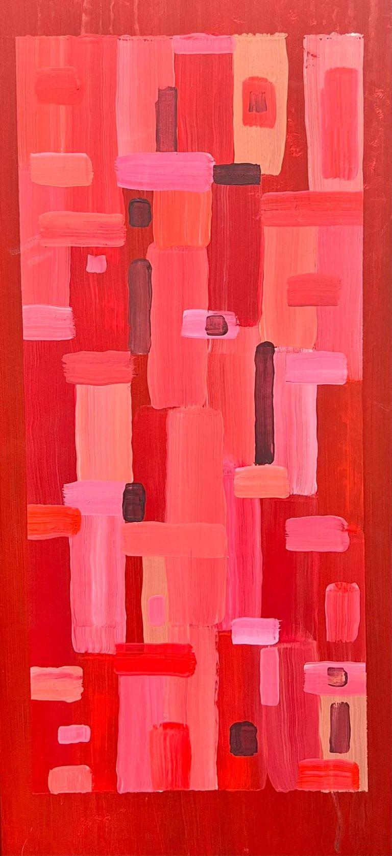 Abstract Painting Contemporary British - Peinture britannique cubiste géométrique abstraite de formes abstraites roses et rouges