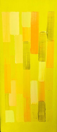 Abstraktes, geometrisches, kubistisches britisches Gemälde in abstrakten Formen in Gelb