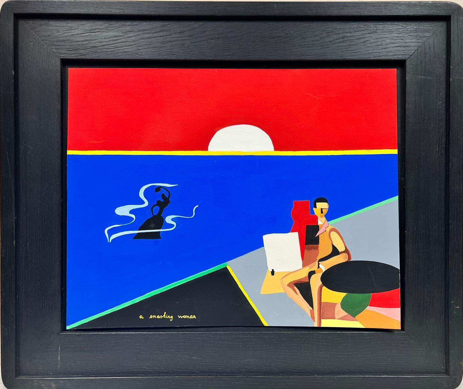 Peinture cubiste abstraite contemporaine - Femme assise à côté de la mer - Rouge et bleu - Painting de Contemporary British