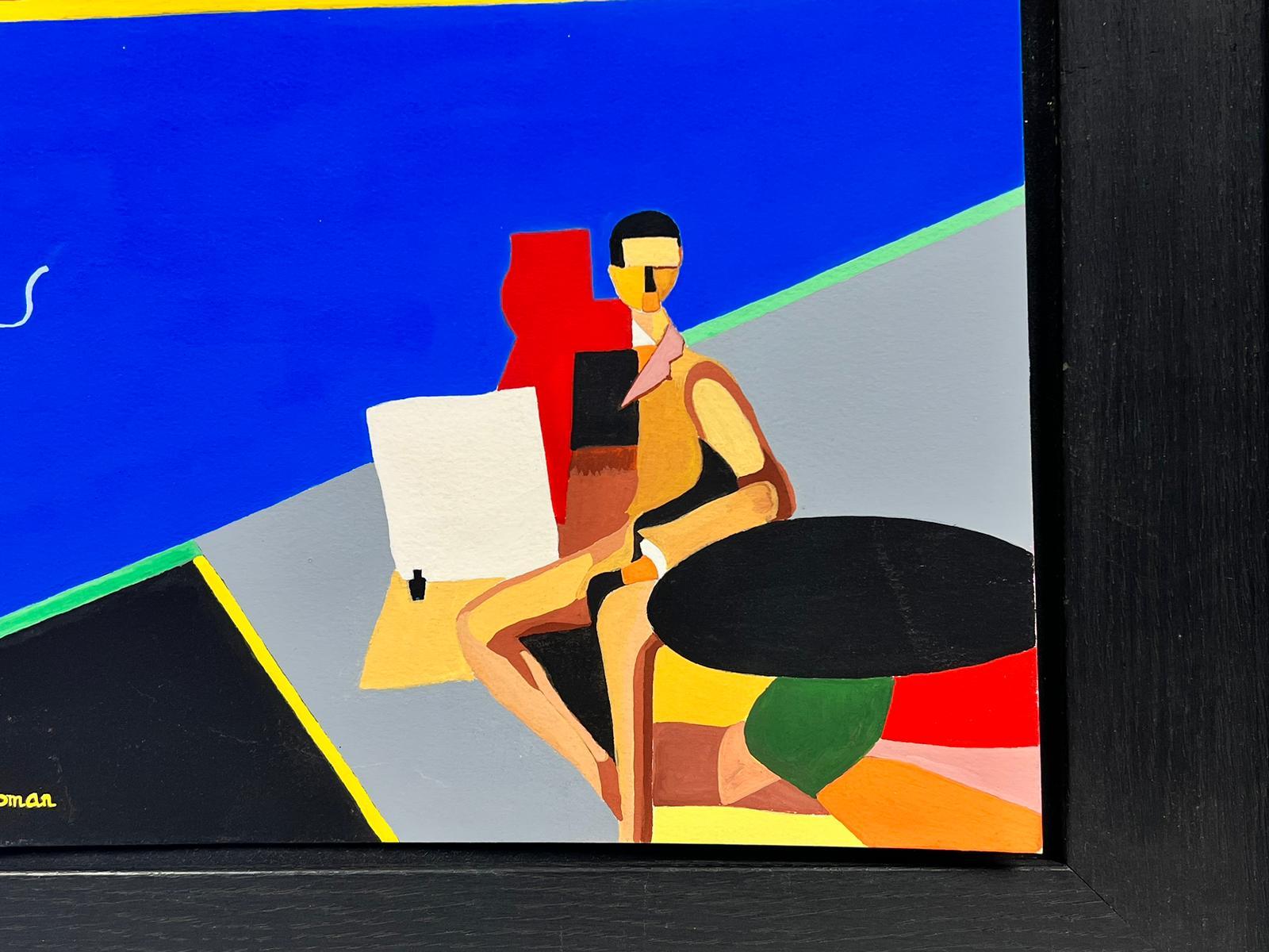 Peinture cubiste abstraite contemporaine - Femme assise à côté de la mer - Rouge et bleu en vente 1