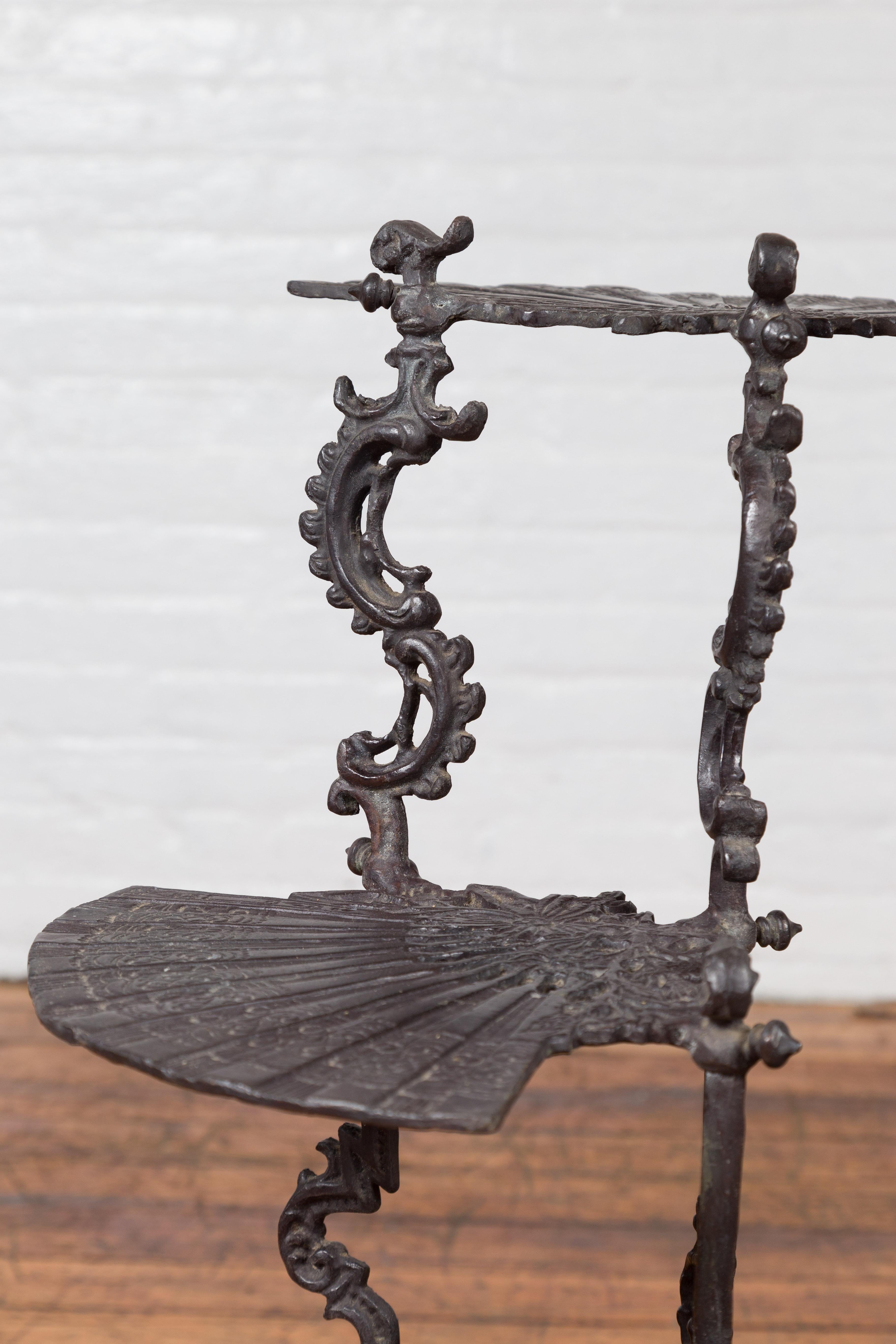 Bronze Display Stand with Fan Shelves, Rococo Style Scrolls and Dark Patina 7